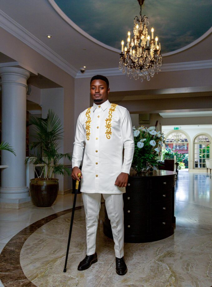 White suit gold details